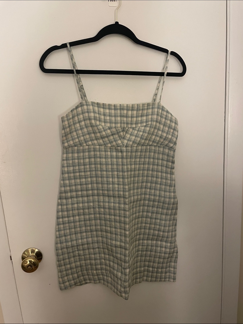Reformation demi linen dress- Light Green Plaid Spaghetti Strap Mini Dress